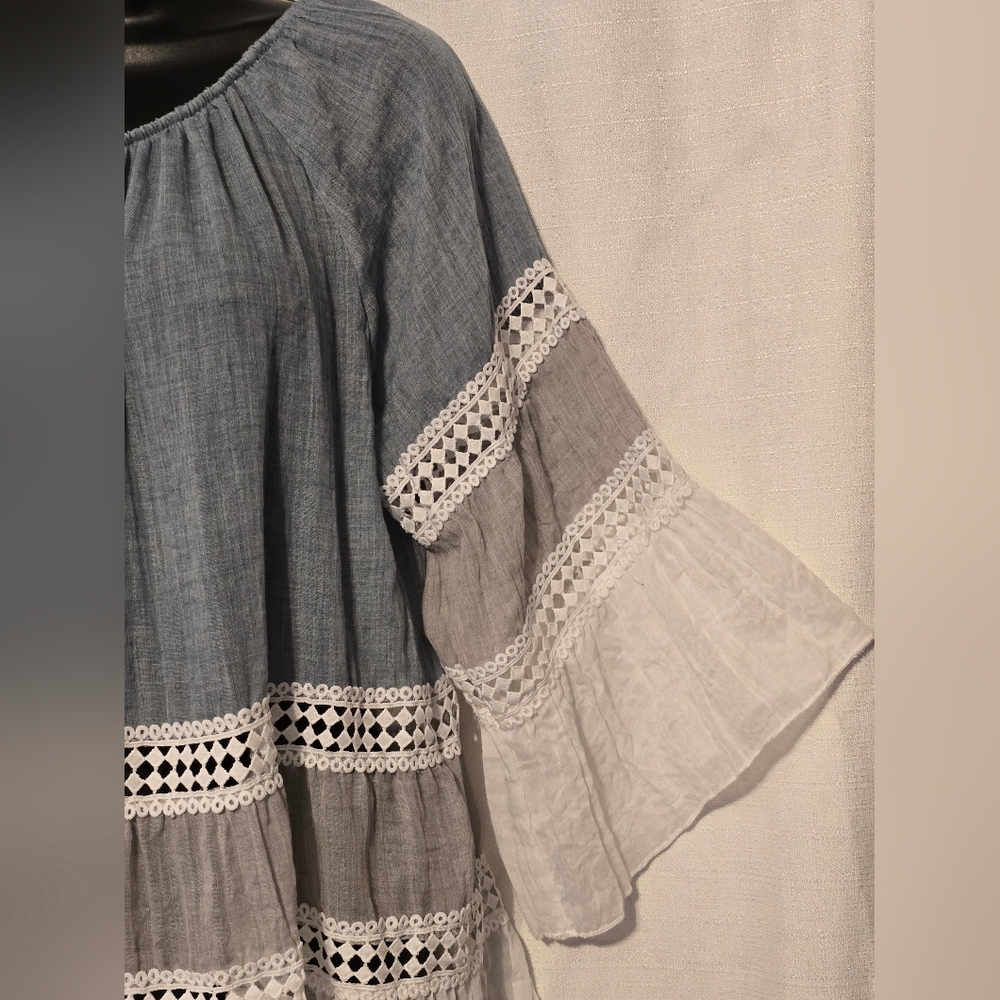 Boho Blue and White And Gray Gauze Blouse With Lace Detail Bell 3/4 Sleeves - Picture 5 of 8